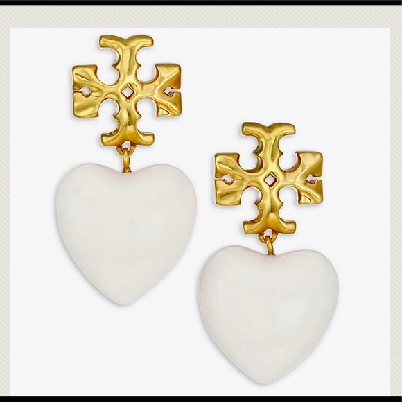 🆕Tory Burch Authentic Roxanne Gold-Tone & Resin Heart Earrings In Ivory White - Picture 5 of 11